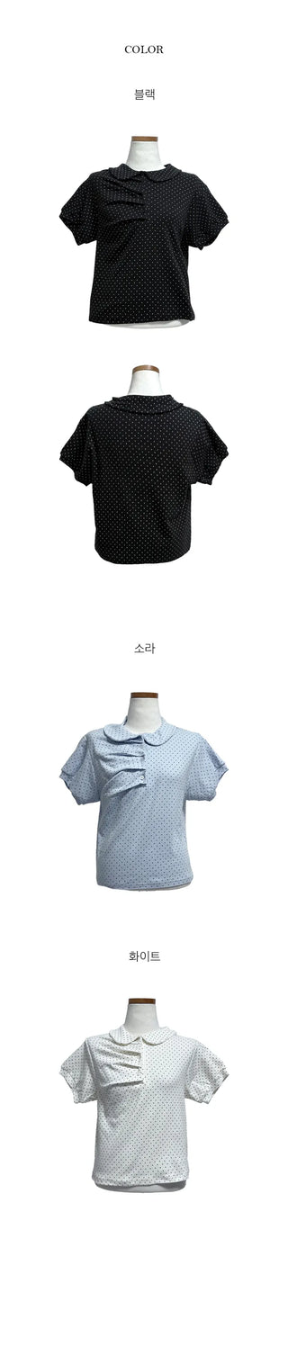 Rounded Shirred Dot Collared Tee