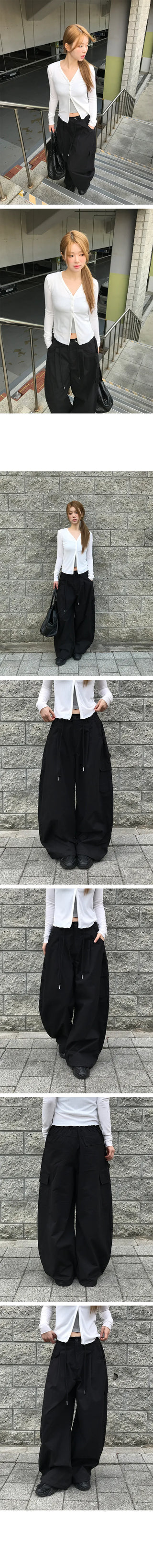 String Cargo Pintuck Wide Cotton Pants