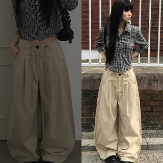 String Cargo Pintuck Wide Cotton Pants