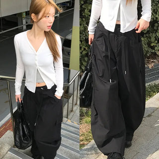 String Cargo Pintuck Wide Cotton Pants