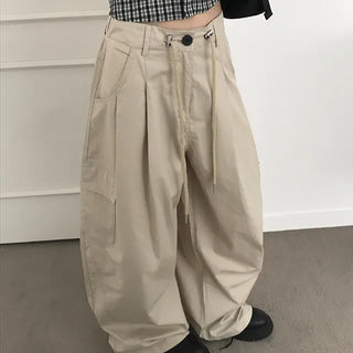 String Cargo Pintuck Wide Cotton Pants