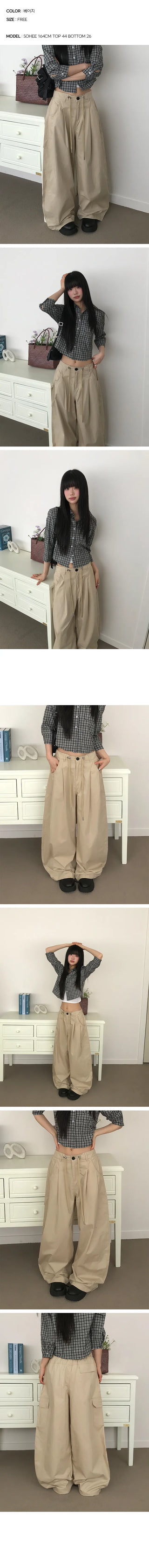 String Cargo Pintuck Wide Cotton Pants