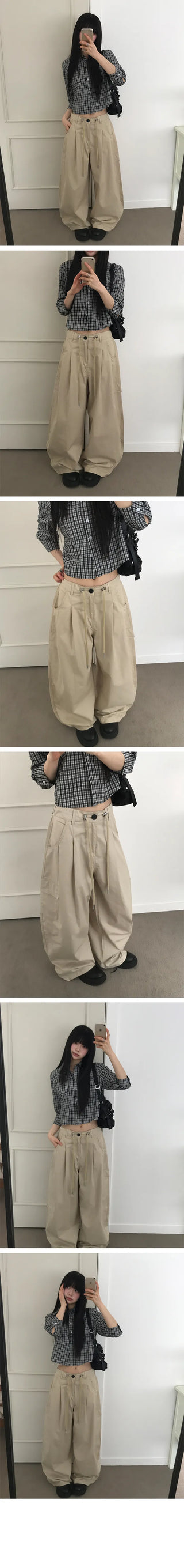String Cargo Pintuck Wide Cotton Pants