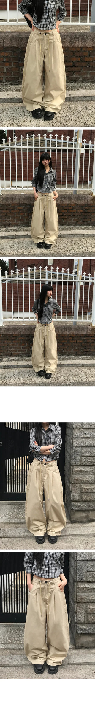 String Cargo Pintuck Wide Cotton Pants