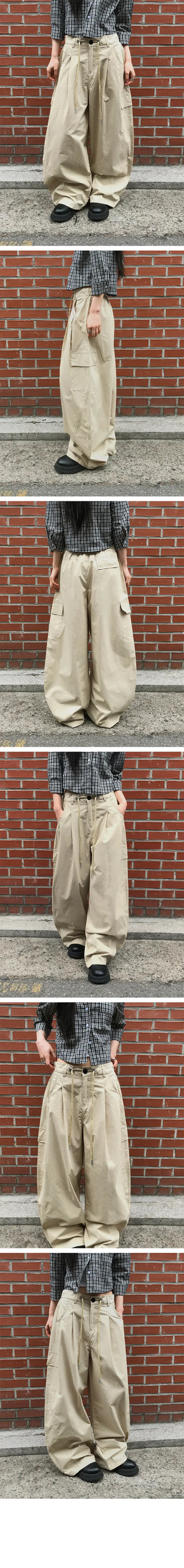 String Cargo Pintuck Wide Cotton Pants