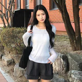 Barbie Side Two-Button See-through Long Sleeve Top