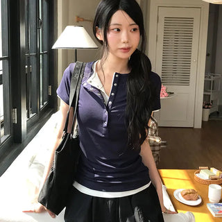 Tiba Totto Button Layered Short Sleeve T-shirt