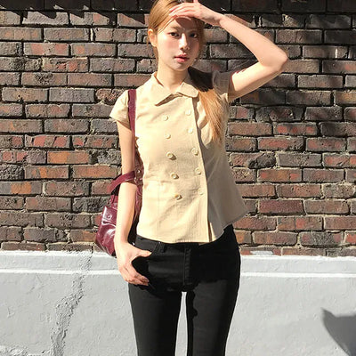 Heart Double Collar Short Sleeve Blouse