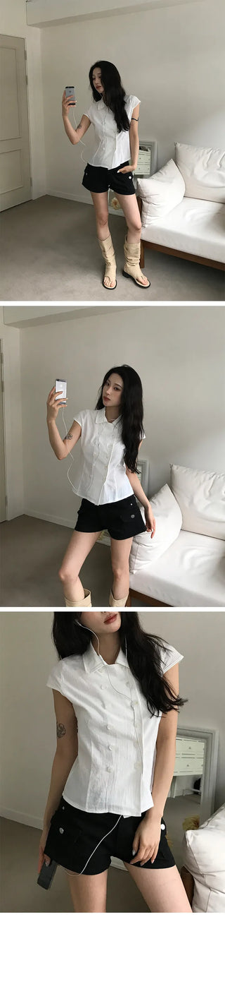 Heart Double Collar Short Sleeve Blouse