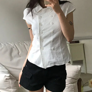 Heart Double Collar Short Sleeve Blouse