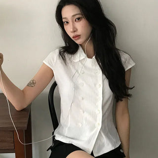 Heart Double Collar Short Sleeve Blouse