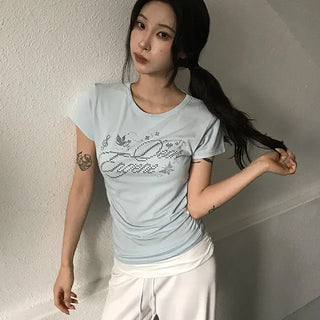 Lao Shirred Print Round Short Sleeve T-shirt