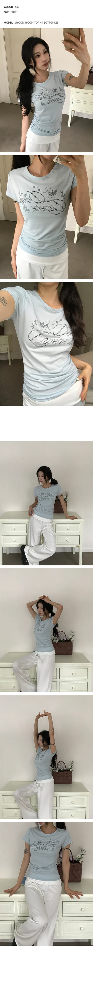 Lao Shirred Print Round Short Sleeve T-shirt