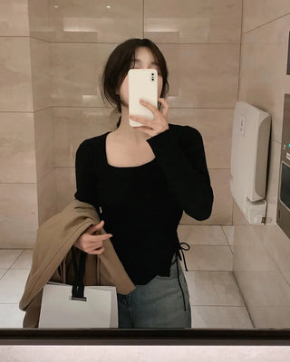 Side Ribbon Slim Square Knit - 4 Colors