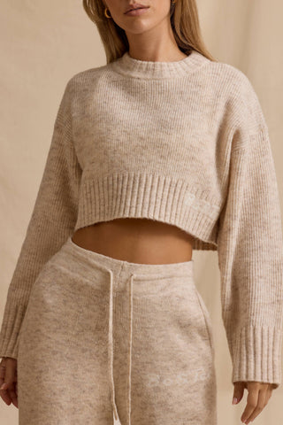 Ribbed Knit Cropped Jumper in Cream Marl