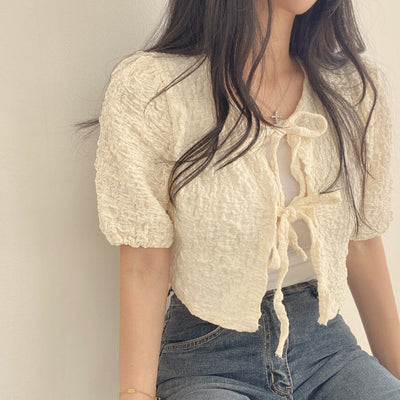 Lace-up V-neck long sleeve Top