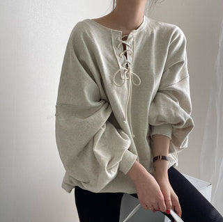 Lace-up pullover lantern sleeve sweater
