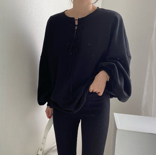 Lace-up pullover lantern sleeve sweater