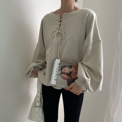 Lace-up pullover lantern sleeve sweater