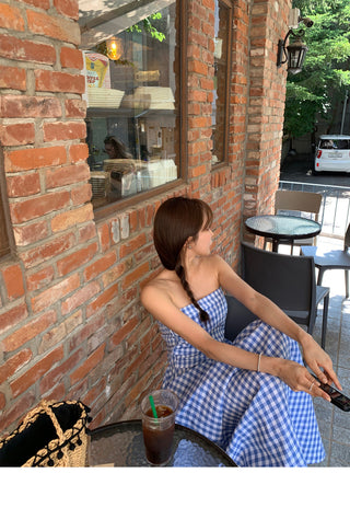 Korean strapless plaid dress