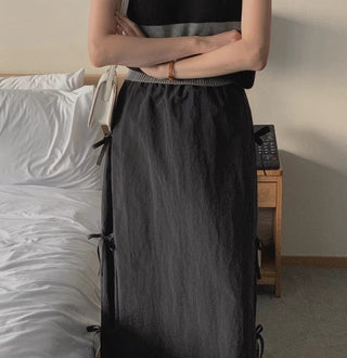 Bow Strap Split Long Skirt