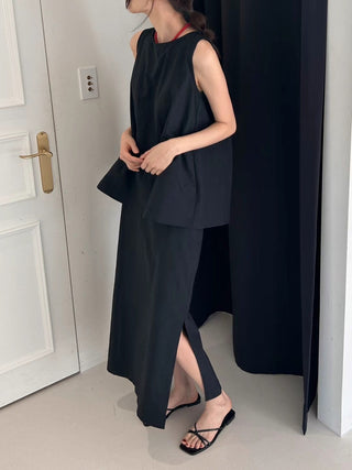 Korean Sleeveless Shirt + High Waist Split Skirt suit