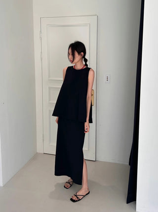 Korean Sleeveless Shirt + High Waist Split Skirt suit