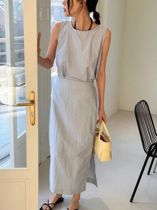 Korean Sleeveless Shirt + High Waist Split Skirt suit