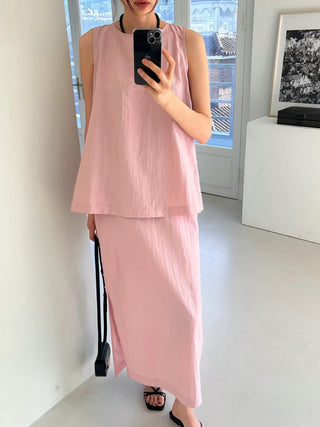 Korean Sleeveless Shirt + High Waist Split Skirt suit