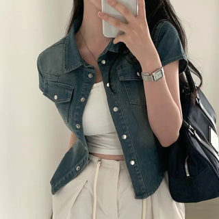 Crop Waisted Slim-fit Denim Shirt Coat