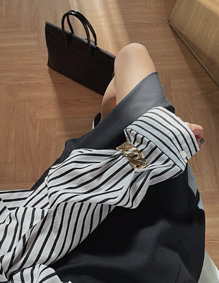 South Korea striped shirt + split draping high waist skirt