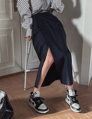 South Korea striped shirt + split draping high waist skirt