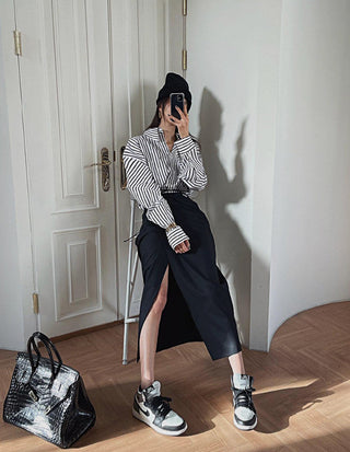 South Korea striped shirt + split draping high waist skirt