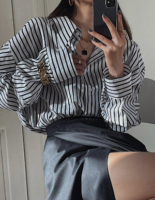 South Korea striped shirt + split draping high waist skirt