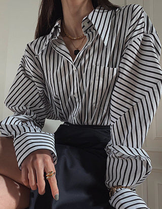 South Korea striped shirt + split draping high waist skirt
