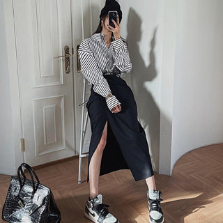 South Korea striped shirt + split draping high waist skirt