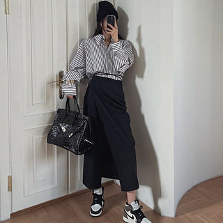 South Korea striped shirt + split draping high waist skirt