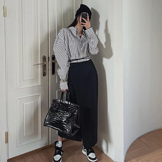South Korea striped shirt + split draping high waist skirt