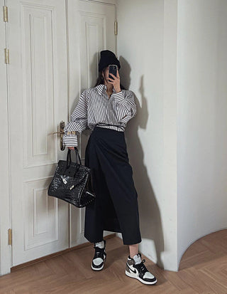 South Korea striped shirt + split draping high waist skirt