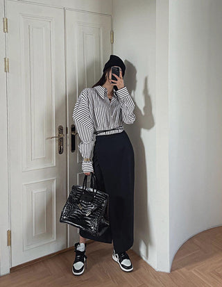 South Korea striped shirt + split draping high waist skirt