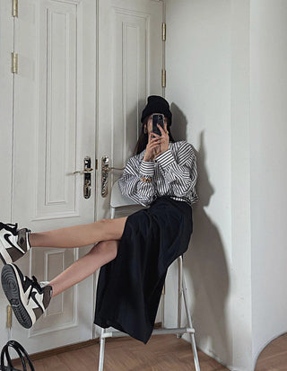 South Korea striped shirt + split draping high waist skirt