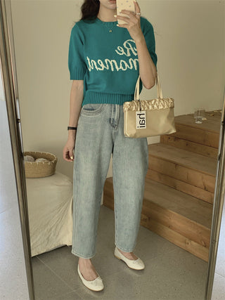 Korean Round Neck Letter Knitted Top