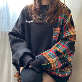 Korean oversize plaid stitching sweater