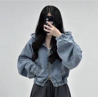 Cropped Double Zip Hooded Denim Jacket
