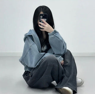 Cropped Double Zip Hooded Denim Jacket