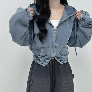 Cropped Double Zip Hooded Denim Jacket
