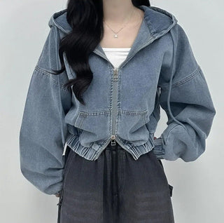 Cropped Double Zip Hooded Denim Jacket