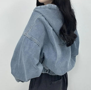 Cropped Double Zip Hooded Denim Jacket