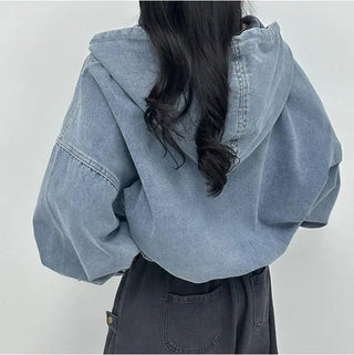 Cropped Double Zip Hooded Denim Jacket