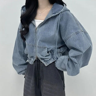 Cropped Double Zip Hooded Denim Jacket